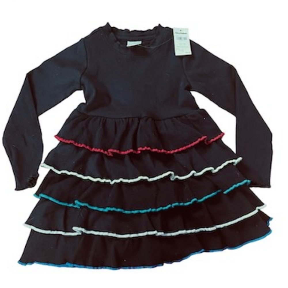 Hanna Andersson Long Sleeve Tiered Black Dress with Colorful Hems Size 4 NWT